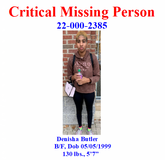 BowiePDNews's tweet image. Critical Missing Person
DENISHA BUTLER was reported to be missing from the 12900 block of Kincaid Lane, Bowie, Maryland 20715 on 10/26/22. Last seen wearing burgundy yoga pants and gray Aeropostale hoodie. 

Have info? Contact Detective Howard at 240-544-5700 or 240-508-9226.