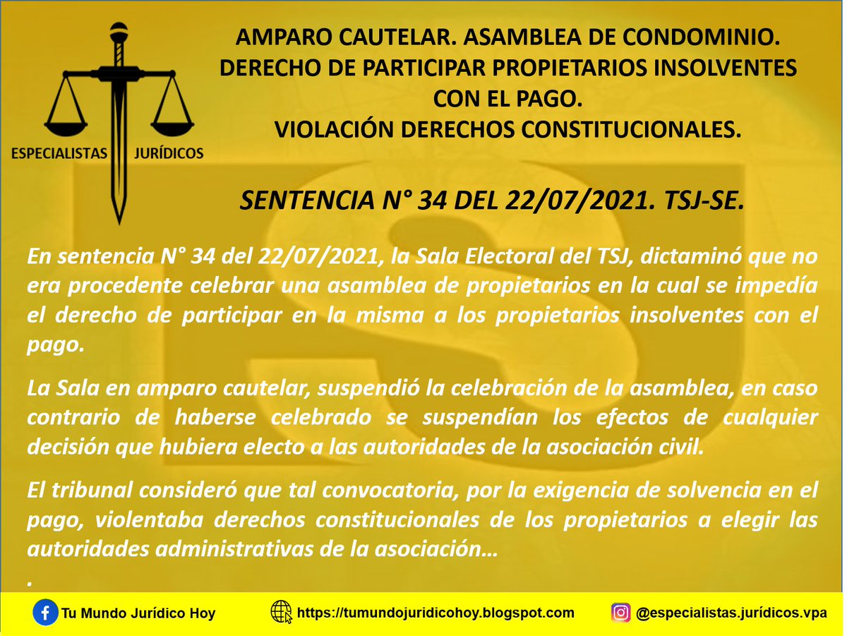 Furiamax's tweet photo. Sentencia N° 34 del 22/07/2021. TSJ-SE. Amparo Cautelar. Asamblea de Condominio. Derecho de Participar Propietarios Insolventes Con El Pago. Violación Derechos Constitucionales.
https://t.co/bK4GXIei0V https://t.co/iOEBzE2Kx6