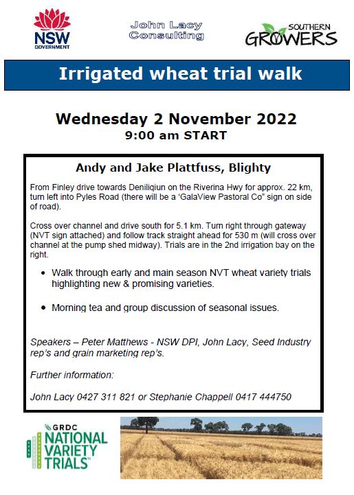 Irrigated Wheat Trial Field Walk in Blighty on Wednesday November 2nd @ 9am!
Come look at the early &amp; main season <a href="/NVT_Online/">@NVT_Online has moved to @GRDC_NVT</a> Wheat National Variety Trials.
Speakers incl. Peter Matthews from @nswdpi, John Lacy Consulting &amp; a variety of Seed Industry and Grain Marketing Reps.
