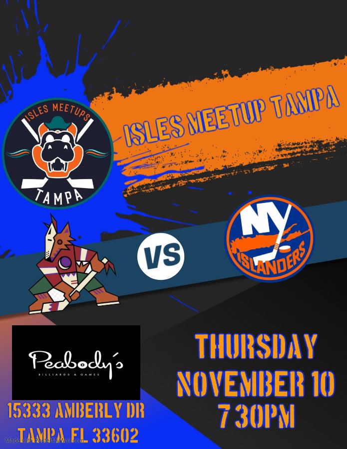 🚨🚨🚨MEETUP🚨🚨🚨
Join us on 11/10 at 730pm as the #isles take on the Coyotes. Our first meetup <a href="/PeabodysTampa/">Peabody's Tampa</a> was a smash and I can’t wait to welcome you all back or welcome some new memebers! #islesmeetups #onlydiehards