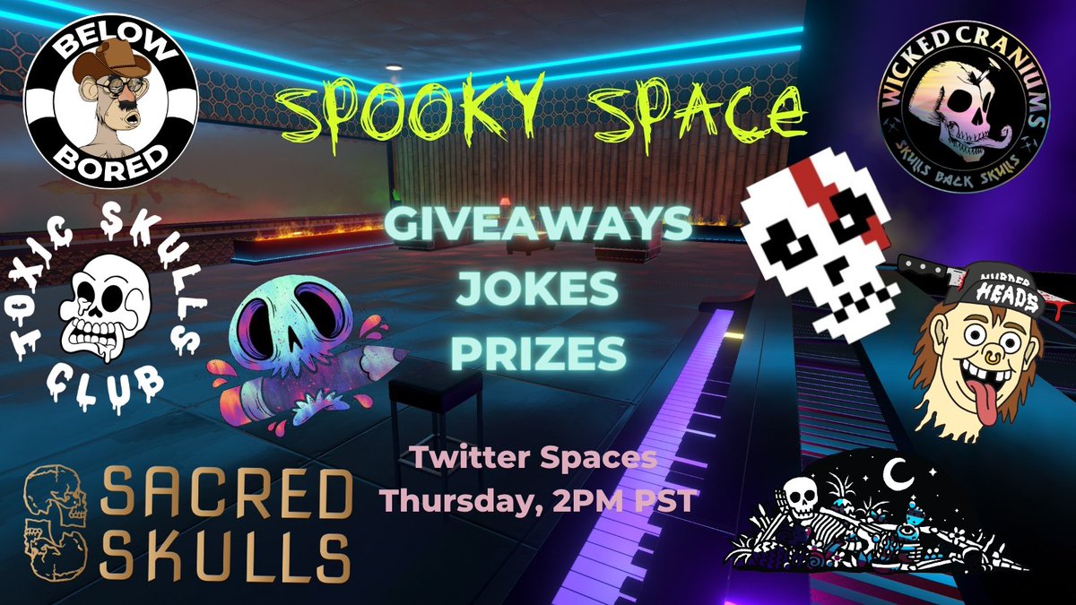 Join us TOMORROW for a wicked good time and plenty of laughs.

For a chance to win a Sacred Skulls NFT...
❤️+ RT this post
Follow <a href="/sacred_skulls/">Sacred Skulls</a>
Tag the funniest person you know
Be at the Spaces live to claim

Set your reminders ⏰️
x.com/i/spaces/1Mnxn…
