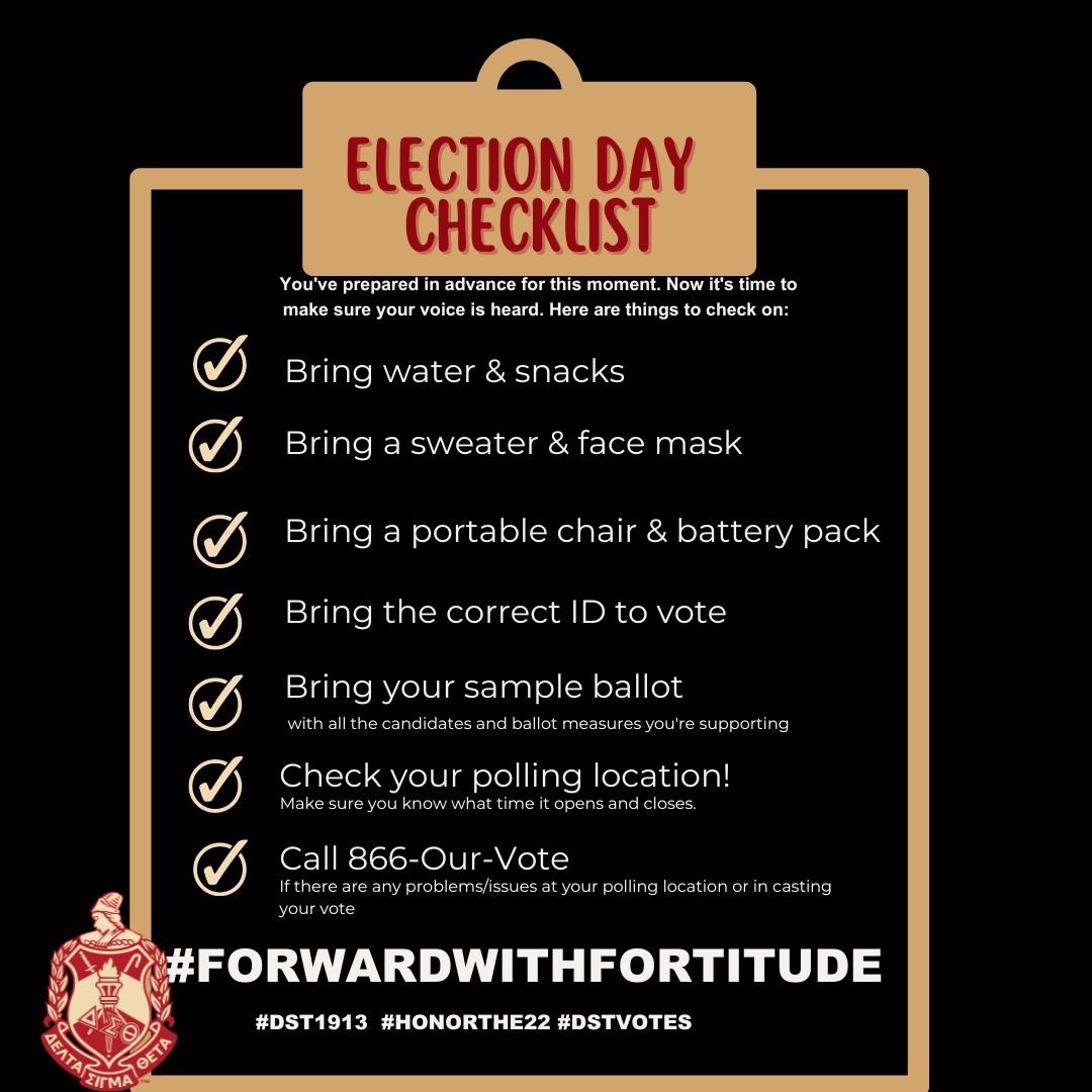 DSTPVAC's tweet image. You&apos;ve made your plan, now make your checklist. Better yet use our checklist! Share with family and friends!

 #DSTVotes #pvacmddeltas #ForwardWithFortitude
#PowerInOurVoice #HonorThe22  #DeltasVote
#DSTVoteReady