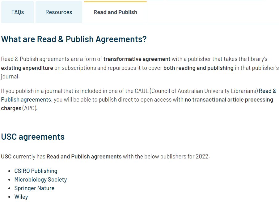Did you know UniSC currently has Read &amp; Publish agreements with four publishers?
If publishing in one of the included journals, you could publish direct to #OpenAccess with no transactional article processing charges (APCs). 
Find out more today👇 
libguides.usc.edu.au/c.php?g=508453…
#OAWeek