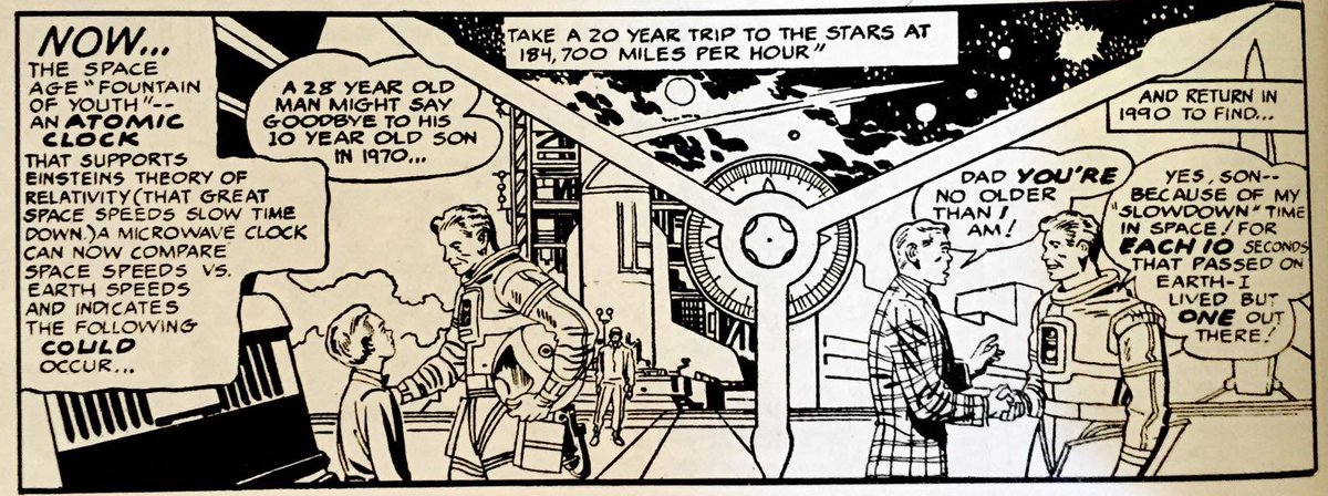 Jack Kirby illustrates the special theory of relativity in a Sunday page of Sky Masters 1950s