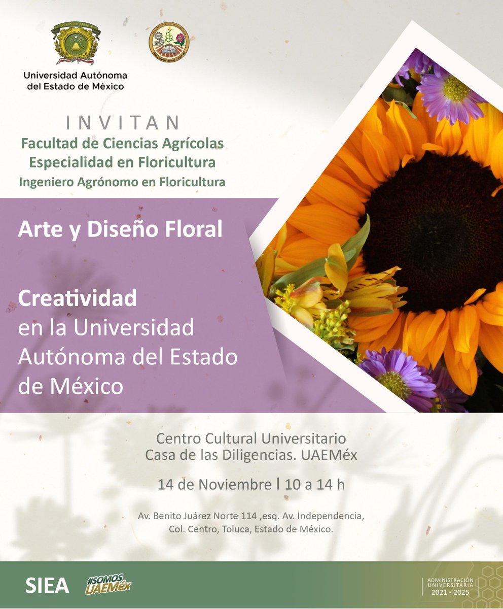 AMEHOAC's tweet photo. La Facultad de Ciencias Agrícolas 🚜 de la @UAEM_MX les invita, el próximo 14 de noviembre, al evento 🌻"Arte y diseño floral"🌼, donde se llevará a cabo una exposición floral por parte de estudiantes de la Ing. en Agronomía-Floricultura.

📣NO FALTES📣 https://t.co/4FPId5f81A