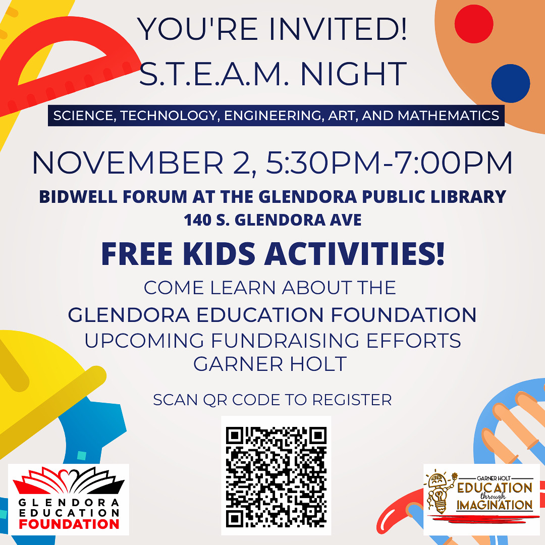 GlendoraUnified's tweet photo. Join us for a S.T.E.A.M night and to learn about GEF's future fundraising plans!

GEF will introduce the Garner Holt- Education through Imagination program.

Kids are welcome! Free kids S.T.E.A.M activities! https://t.co/02UYUmWqYn