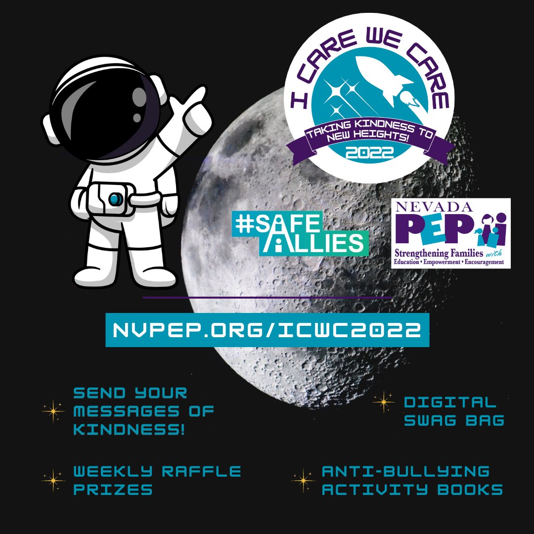 NevadaPEP's tweet image. I Care We Care 2022
This year we are Taking Kindness to New Heights🚀 to prevent bullying.

Visit NVPEP.org/ICWC2022
Help Buddy fuel the kindness rocket with your care messages and check out the digital swag bag for anti-bullying resources!

#ICWC2022 #ICareWeCare @NevadaPEP