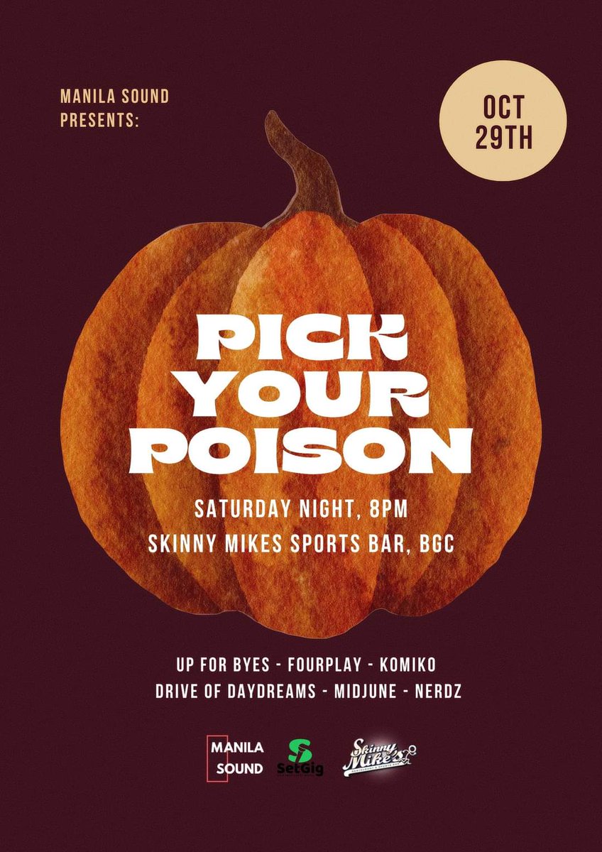 Catch us this Saturday, October 29, for a "spooky" halloween gig!!
We hope to see you there! 👻👻

#Pickyourpoison #Halloween2022