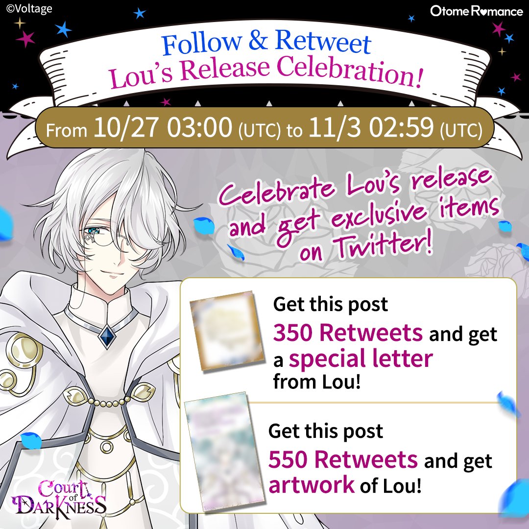 CourtDarkness's tweet photo. ✨Lou's Release Celebration✨

The 2nd Anniversary is here as well as Lou's Consort's path!
Celebrate with Lou and earn exclusive rewards! 
Courtiers and future Courtiers, let's try to meet the goal together :) (1/3) https://t.co/DAi8CdTEfR