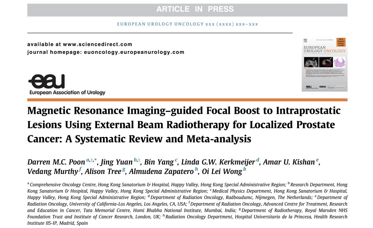 DrDarrenPoon's tweet photo. Hot-off the press ๐
MR-guided intra-prostatic lesion boost in EBRT for PCa : Systematic review & meta-analysis ๐ฅ
17 studies (n=1290)
5yr bDFS: 95%
Minimal G3 GI/GU toxicities
https://t.co/V4daFlFCys
@EurUrolOncol @alison_tree @AmarUKishan @KerkmeijerLinda @VedangMurthy https://t.co/R99n2Xp59p