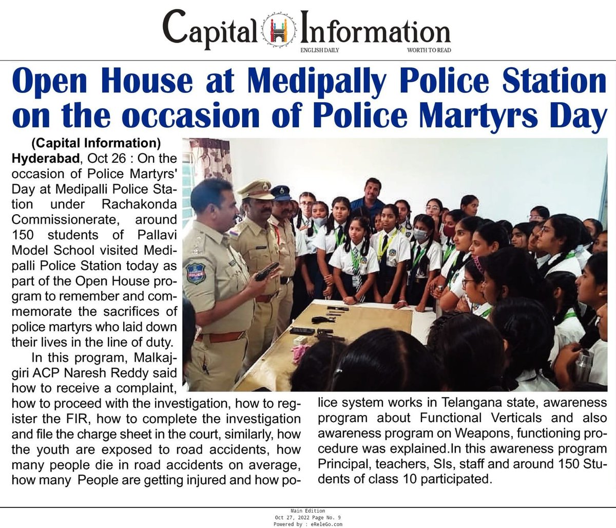 MalkajgiriCop's tweet photo. On the occasion of #PoliceMartyrsDay at @MedipallyPS of #RCKCommissionerate, around 150 students of Pallavi Model School visited @MedipallyPS as part of the #OpenHouseProgram to remember & #commemorate the sacrifices of #PoliceMartyrs who laid down their lives in the #LineOfDuty. https://t.co/mHKQ4fLGB8