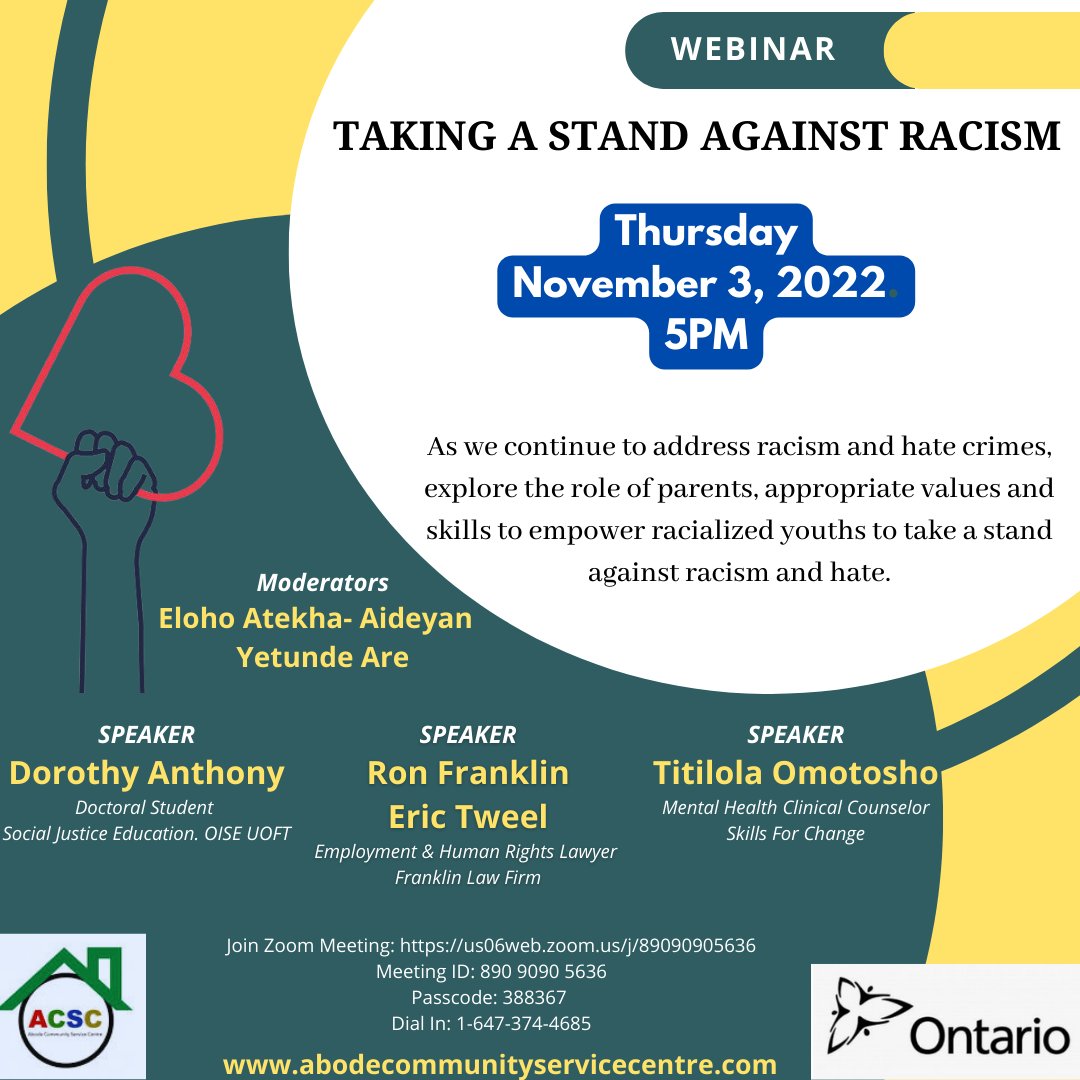 Have concerns about the impact of racism and hate crime on our Youth, their mental health and their ability to secure decent careers? Join Abode Community Service Centre as we continue to address racism and hate crime. 

Join Zoom Meeting: us06web.zoom.us/j/89090905636?…