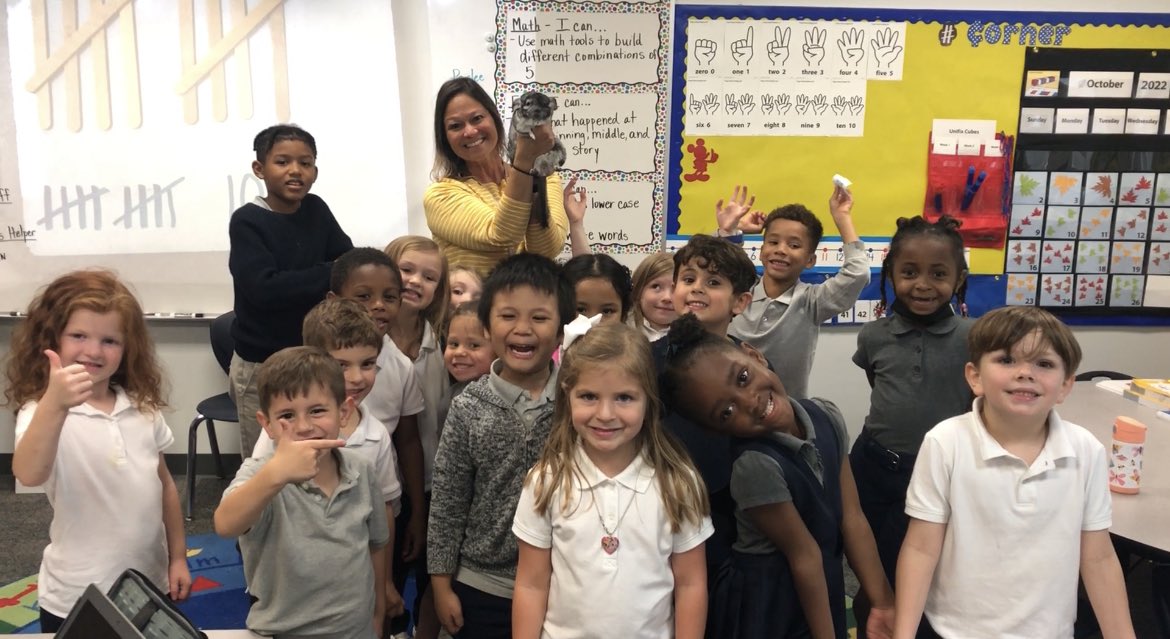 woodruff_randi's tweet photo. Kindergarten gained a new friend today! These smiles were priceless! @WakeForestCA @nhaschools #WFCAwolves โฅ๏ธ https://t.co/pmzofFkEni