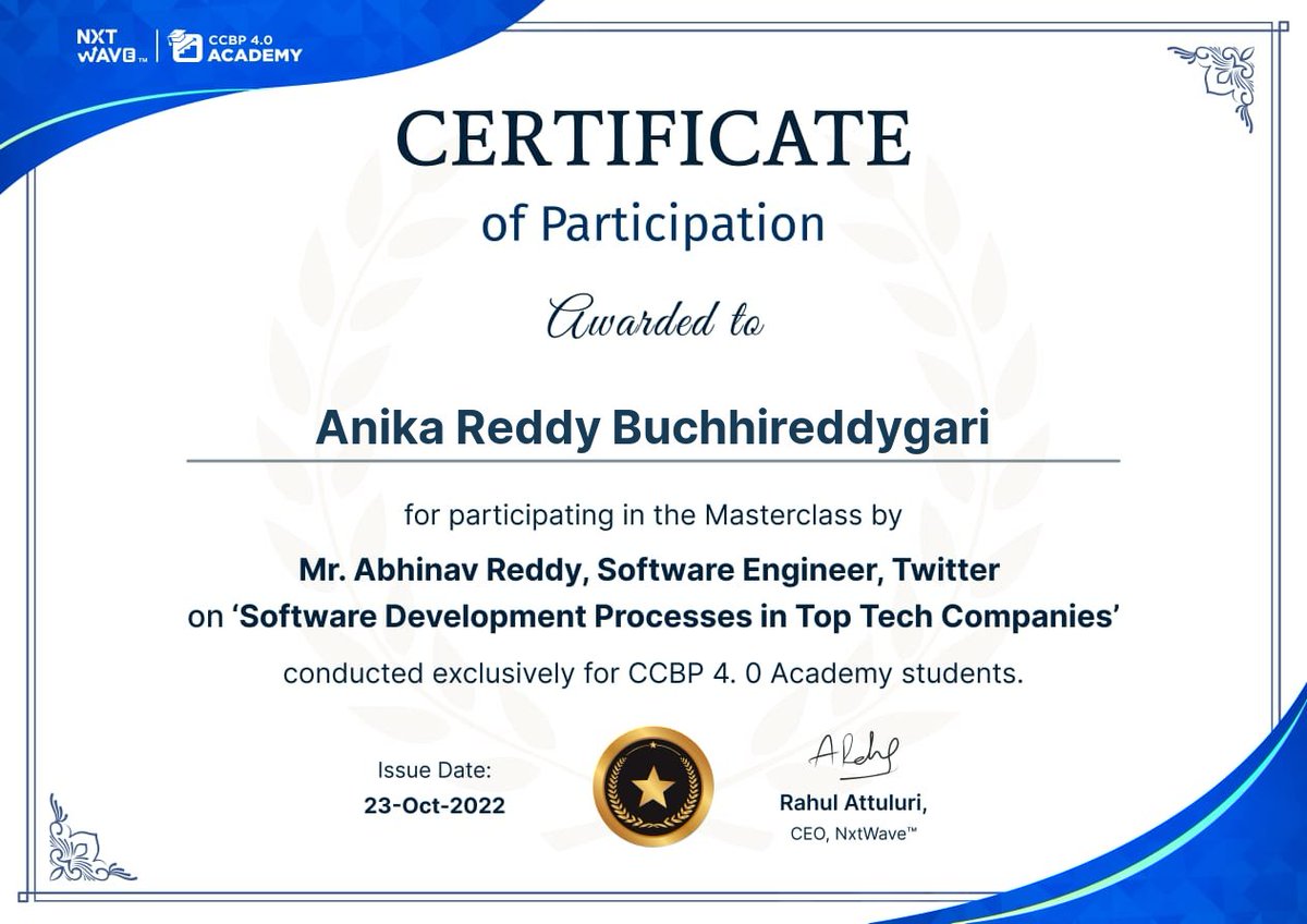 AnikaReddy10's tweet photo. Here's my participation certificate for attending Mr.Abhinav's podcast 
@nxtwave_tech @rahulattuluri @sashankreddy07 @girishakash13 https://t.co/3QFb3pdkRT