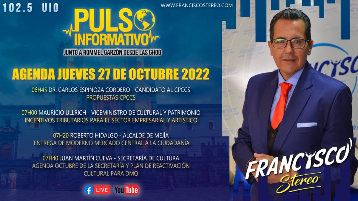 franciscostere's tweet photo. No te puedes perder este jueves 27 de octubre @pulsoinformafs junto a @RommelGarzon hablaremos de cultura y su reactivación, el moderno mercado en el Cantón Mejía, entre más temas, acompañados de las noticias más destacadas, te esperamos 6H00 en Francisco Stereo 1️⃣0️⃣2️⃣🔹5️⃣ FM. https://t.co/gTVybbJNKa