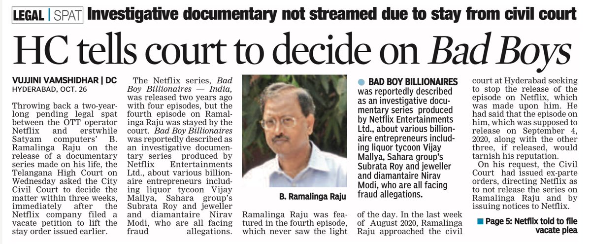 oratorgreat's tweet photo. After being stopped from telecast, finally hope for @netflix series #BadBoyBillionaires episode on #SatyamComputers #RamalingaRaju with #Telangana High Court directing lower court to give verdict in 3 weeks #Hyderabad #OTT @DeccanChronicle https://t.co/PxKcP3zGkr