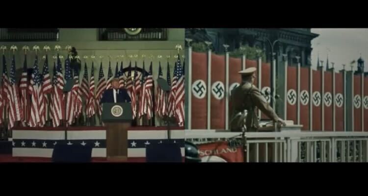 ADL's tweet photo. 🧵@USJewishDems' new video, “History May Repeat Itself,” juxtaposes current images of U.S. politicians, rallies &amp; incidents w/ raw historical footage from Nazi Germany in the 1930s &amp; 40s. It’s an inappropriate depiction that trivializes the history of the Holocaust. https://t.co/fsrrH6FR8o