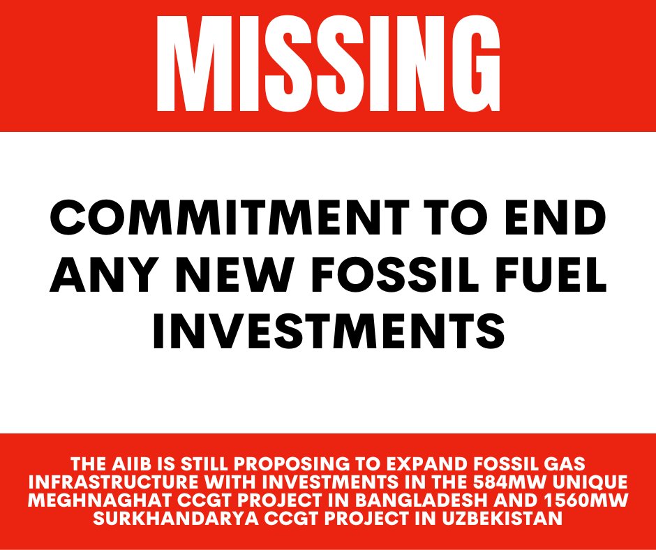@AIIB_Official: New #FossilGas infrastructure is incompatible with global climate ambition & has no place in a fwd-looking energy transition. Urgently drop the Unique and Surkhandarya CCGT Power Projects from prospective investments. #Bangladesh #Uzbekistan #AIIBAnnualMeeting