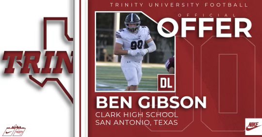 Ben Gibson (@benjamin_gibs) on Twitter photo Blessed to receive an offer from Trinity University! Thank you <a href="/CoachMichalak/">Coach Michalak</a> <a href="/JerhemeUrban83/">Jerheme Urban</a> <a href="/CoachGezella/">Coach Gezella</a> <a href="/TUFootballTX/">Trinity University Football</a> <a href="/FbCougar/">ClarkCougarFB</a> #BeTheStandard Blessed to receive an offer from Trinity University! Thank you <a href="/CoachMichalak/">Coach Michalak</a> <a href="/JerhemeUrban83/">Jerheme Urban</a> <a href="/CoachGezella/">Coach Gezella</a> <a href="/TUFootballTX/">Trinity University Football</a> <a href="/FbCougar/">ClarkCougarFB</a> #BeTheStandard