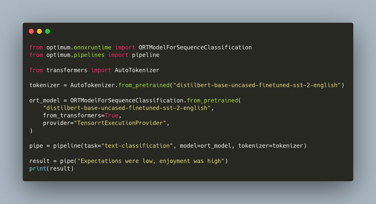 Want to use TensorRT as your inference engine for its speedups on GPU but don't want to go into the compilation hassle? We've got you covered with 🤗 Optimum! With one line, leverage TensorRT through @onnxruntime! Check out more at hf.co/docs/optimum/o…