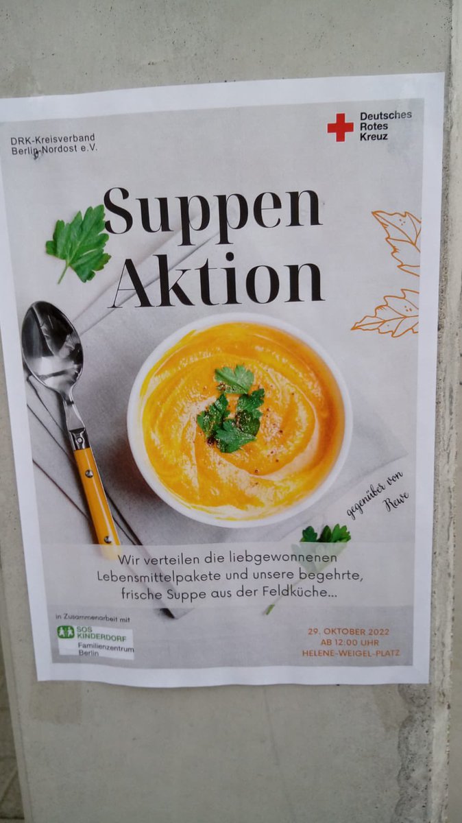 julia_witt's tweet photo. 🟠SAMSTAG 12 Uhr auf dem Helene Weigel Platz SUPPENAKTION
DRK KV Berlin Nordost e.V. Kati Avci
Wieder in Aktion und viele mehr !
Petra Pau ist natürlich dabei !
#marzahn #suppenaktion #ehrenamt #notlindern #mahe https://t.co/Ic5HDNFZMU