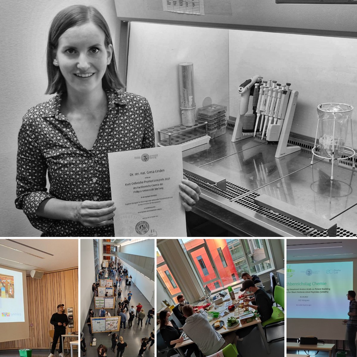 OlallaLab's tweet photo. @Chemie_UMR day!🤩We've missed this so much.Our contribution: @miomiomarco @Bene_Buchberger talks,Kaijun &amp; Johannes, Nina (from @hantschel_lab )posters &amp; 🥪😋. Well-done everybody!💪🙂♥️Day's golden clasp was Dehnicke PhD prize for our @GretaLinden 👏🍾🎇♥️ #ProudDoktorMutti https://t.co/yUgHA35KBY