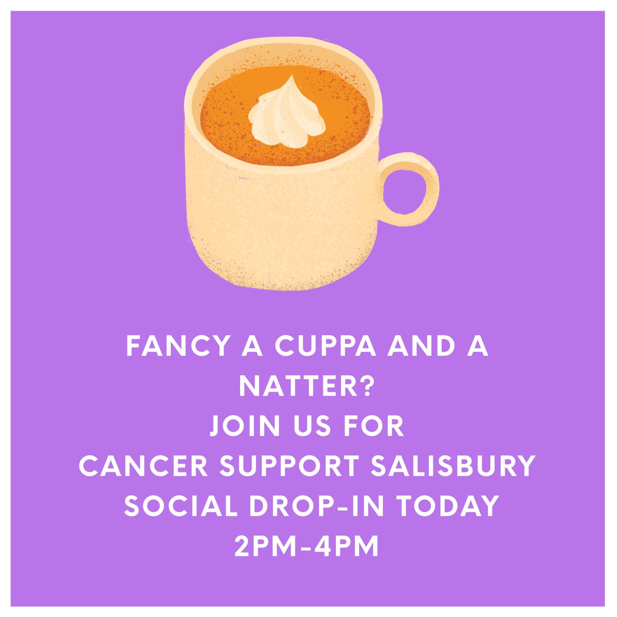 Join us for social drop-in today between 2pm-4pm at The Quaker Meeting House Salisbury. The kettle will be on ready for a cuppa and a natter. Meet new people, find out more about our services we can offer anyone affected by cancer including their loved ones and carers.