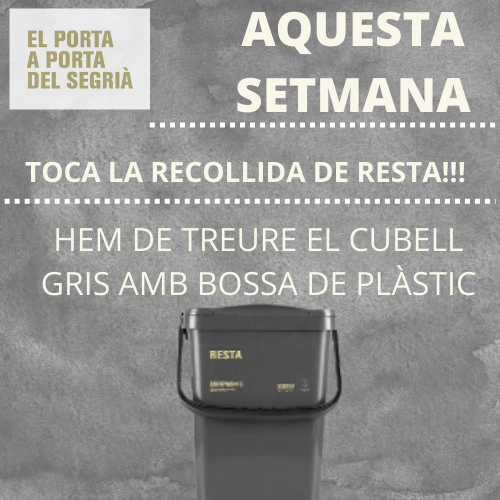 segriapap's tweet photo. 📢Aquesta setmana toca la recollida de RESTA‼️
#TerradePonent #PaP #CCSegria #Segriaresidus #Sostenibilitat #Reciclatge
@AjAlcarras @ArtesaLleida @llardecans @AjSoses @ajcorbins @AgenTorrebesses @AjGranjaEscarp
@ajuntamentaspa @ajmaials @Porta_a_Porta https://t.co/VxH42JfHUE