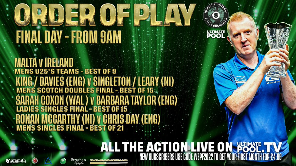 🎥 𝗙𝗜𝗡𝗔𝗟𝗦 𝗗𝗔𝗬 𝗟𝗜𝗩𝗘𝗦𝗧𝗥𝗘𝗔𝗠 𝗔𝗖𝗧𝗜𝗢𝗡

A historic day is coming up in Killarney. Watch the action live on ultimatepool.tv.

Sign up here for access and use code WEPF2022 for a discount: bit.ly/UltimatePoolVIP

#WEPFWorlds22 🌍🎱