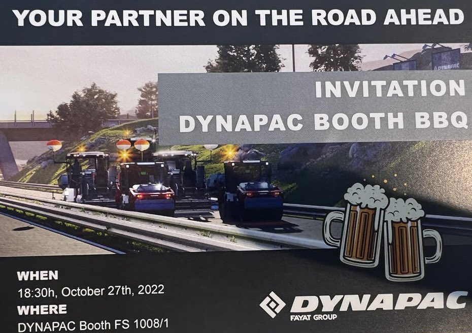 BAUMA 2022

We are back again today for Day 4!

Tonight, we have another BBQ we would love to invite you to, with plenty of beer! So, feel free to come along to our booth today to get yourself a free ticket.

📍Booth FS1008/1

#bauma #bauma2022 #dynapac #fayat #munich