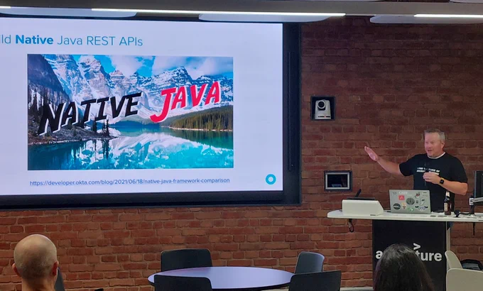 Photo of the speaker Matt Raible with a slide up that says 'build native Java REST APIs'.