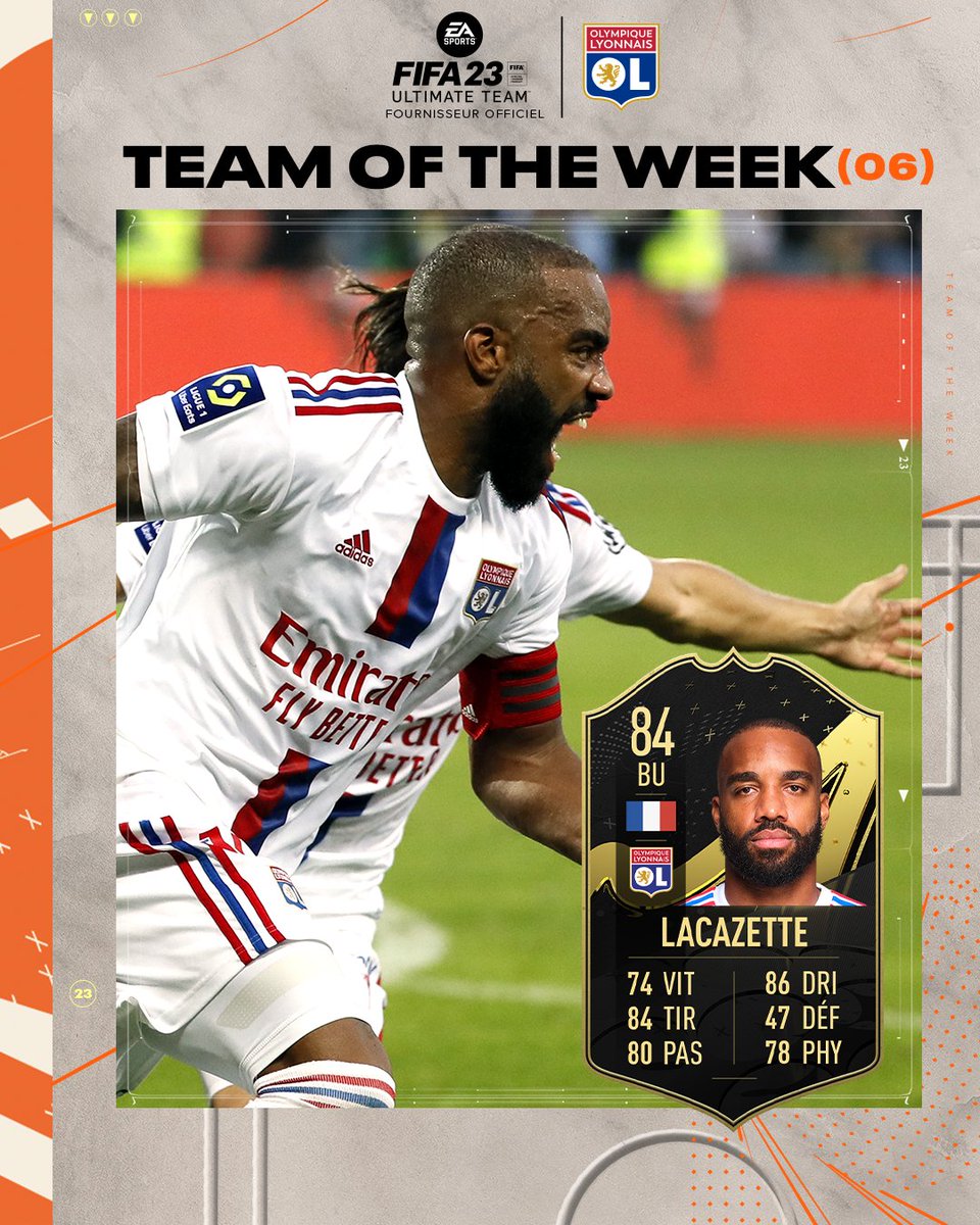 Un but victorieux dans les dernières minutes 🙌 🫡 Notre général @LacazetteAlex est dans la #TOTW @EA_FIFA_France ! #FIFA23 #FUT23