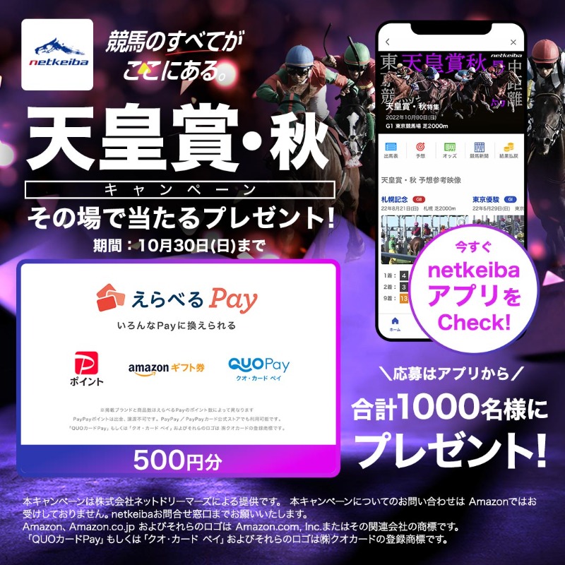 netkeiba's tweet photo. ＼#その場で当たる🎯／
えらべるPay(Amazonギフト券・PayPayポイント・QUOカードPay)をプレゼント🎁

【参加方法】
1:@netkeibaをフォロー
2:このツイートをRT
3:netkeibaアプリのキャンペーンサイトから抽選
抽選は10/30(日)まで！

GI #天皇賞秋 を楽しもう
今すぐダウンロード👇