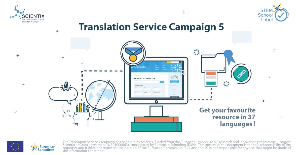 scientix_eu's tweet image. 😎 Are you searching for innovative #STEMresources in your language?

🙌 The #TranslationServiceCampaign gives you an opportunity to choose your preferred #Scientix resource and get it translated into 37 languages. 

ℹ️ Read more info &amp;amp; vote: bit.ly/3BAQgEd