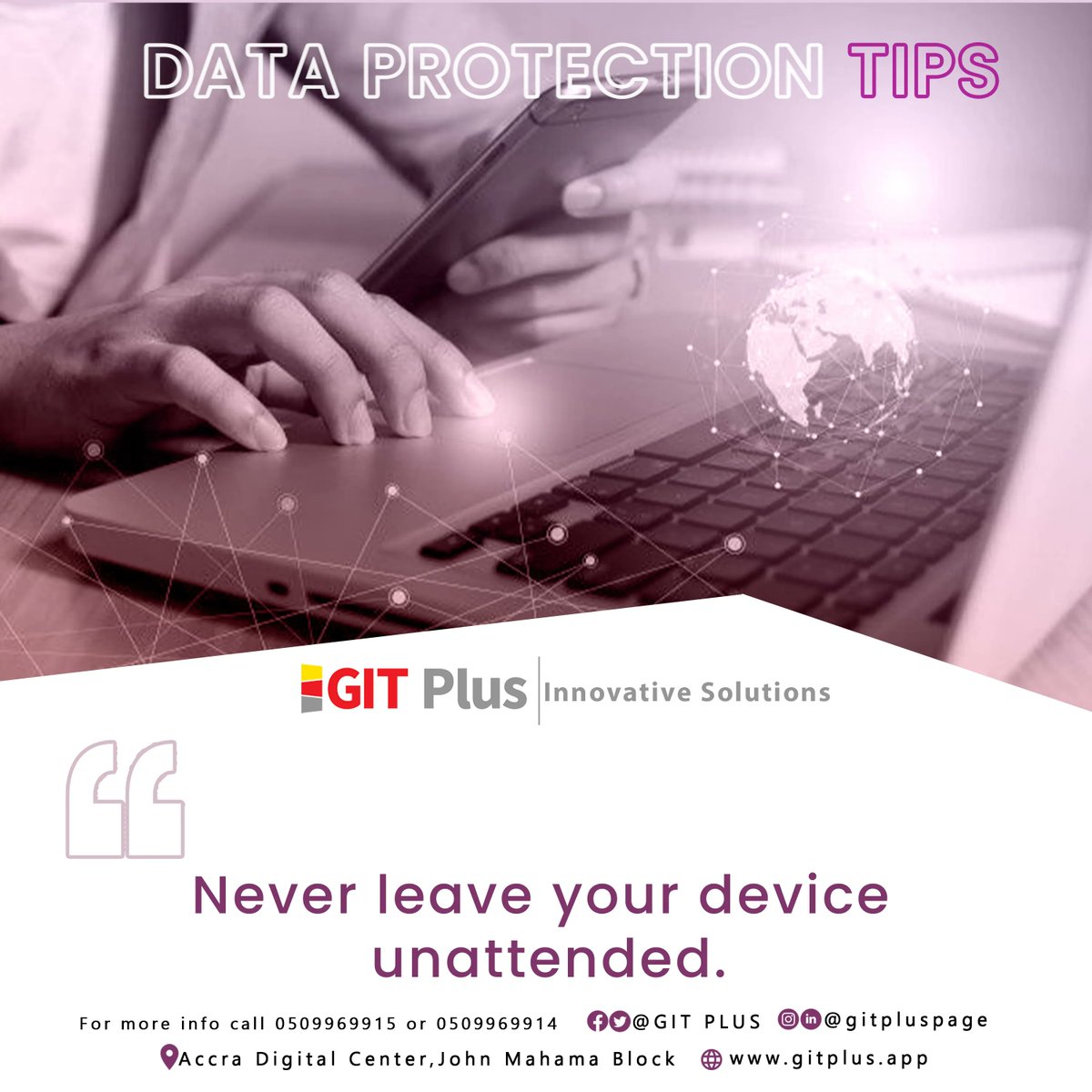 gitpluspage's tweet image. Data Protection Tips: 6
Never leave your device unattended.
Visit us on gitplus.app 
#gitplus
#gitplusacademy
#Data
#protection
#dataprotection
