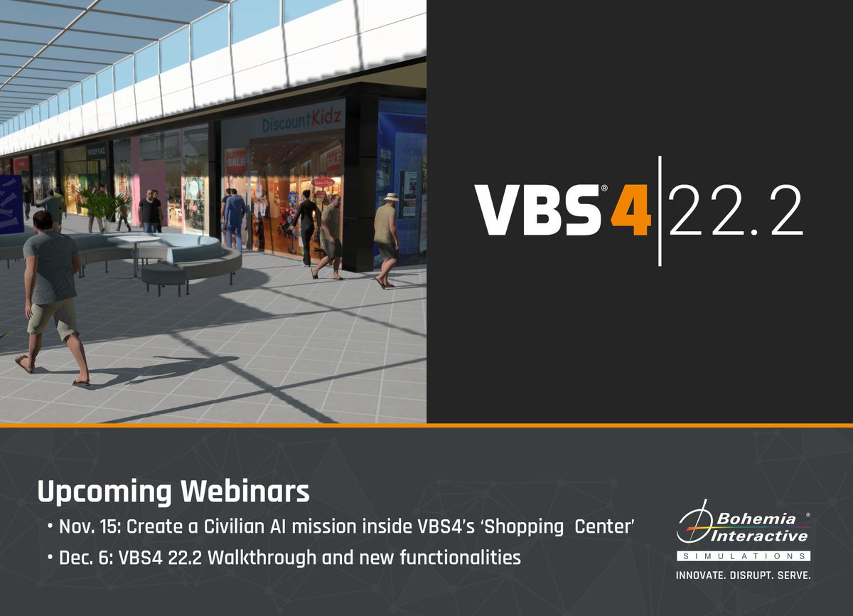 Here are the upcoming VBS webinar topics! Select your time zone and register here bisimulations.com/training/vbs-w… BISim hosts free webinars to help users get the most out of their VBS experience. #VBS3 #VBS4 #WebinarSeries