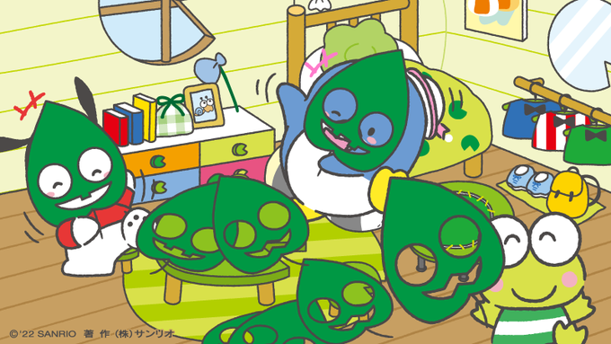 けろっぴ「ばばーん!葉っぱのお面、みんなの分もたくさん作ったよー!がんばったー!」ポチャッコ「うわっ!すごい量!」タキシードサム「さすがの元気パワー…!」#はぴだんぶい #ハロウィン 