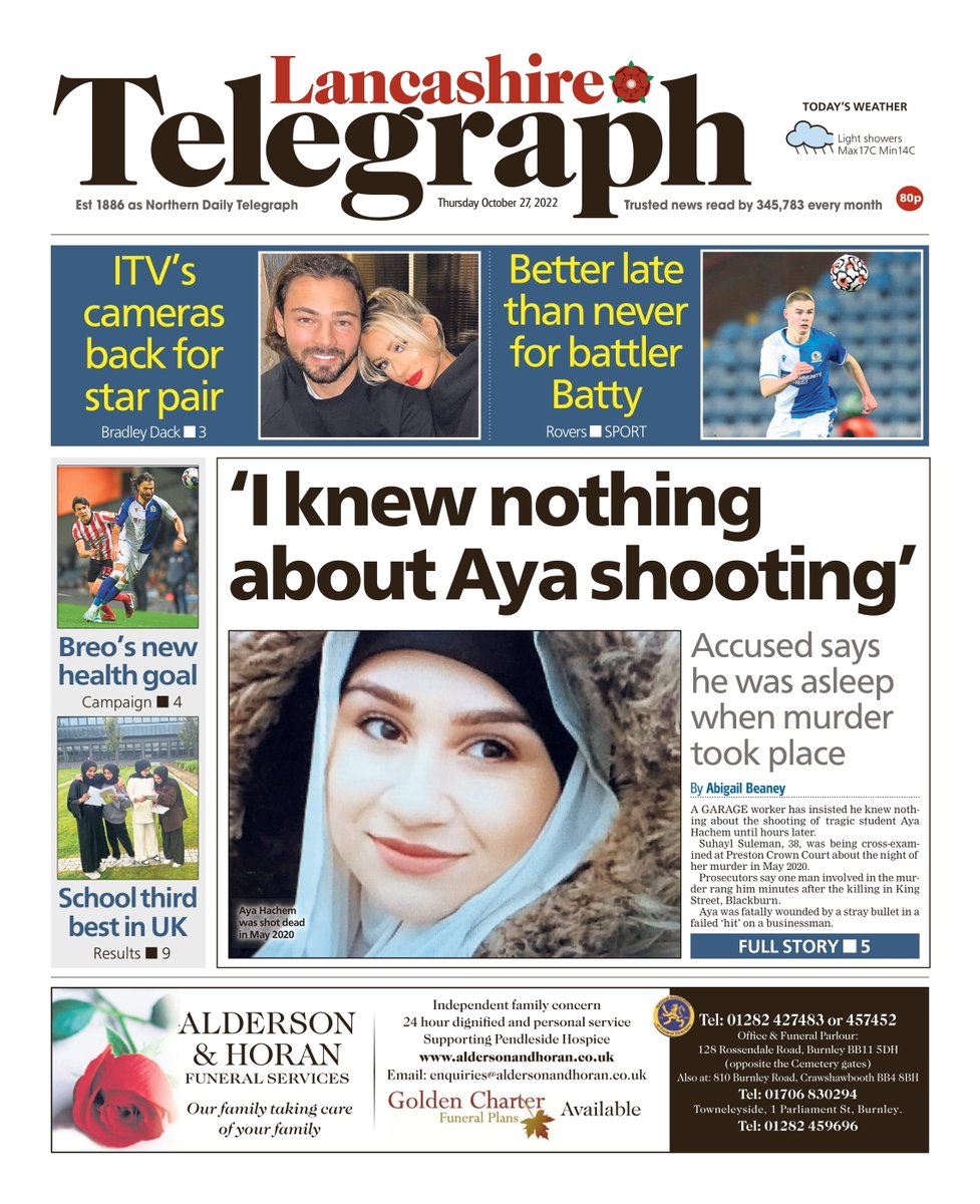 Richard Duggan (@rjkduggan) on Twitter photo Front page of Thursday's <a href="/LancsTelegraph/">Lancashire Telegraph</a> 📰
"'I knew nothing about Aya shooting'"
#Lancashire #EastLancashire #LancashireNews #Newsquest #LocalNews #BuyAPaper #LocalNewsMatters #Rovers #CourtNews #CrimeNews #Blackburn #Burnley #AyaHachem Front page of Thursday's <a href="/LancsTelegraph/">Lancashire Telegraph</a> 📰
"'I knew nothing about Aya shooting'"
#Lancashire #EastLancashire #LancashireNews #Newsquest #LocalNews #BuyAPaper #LocalNewsMatters #Rovers #CourtNews #CrimeNews #Blackburn #Burnley #AyaHachem