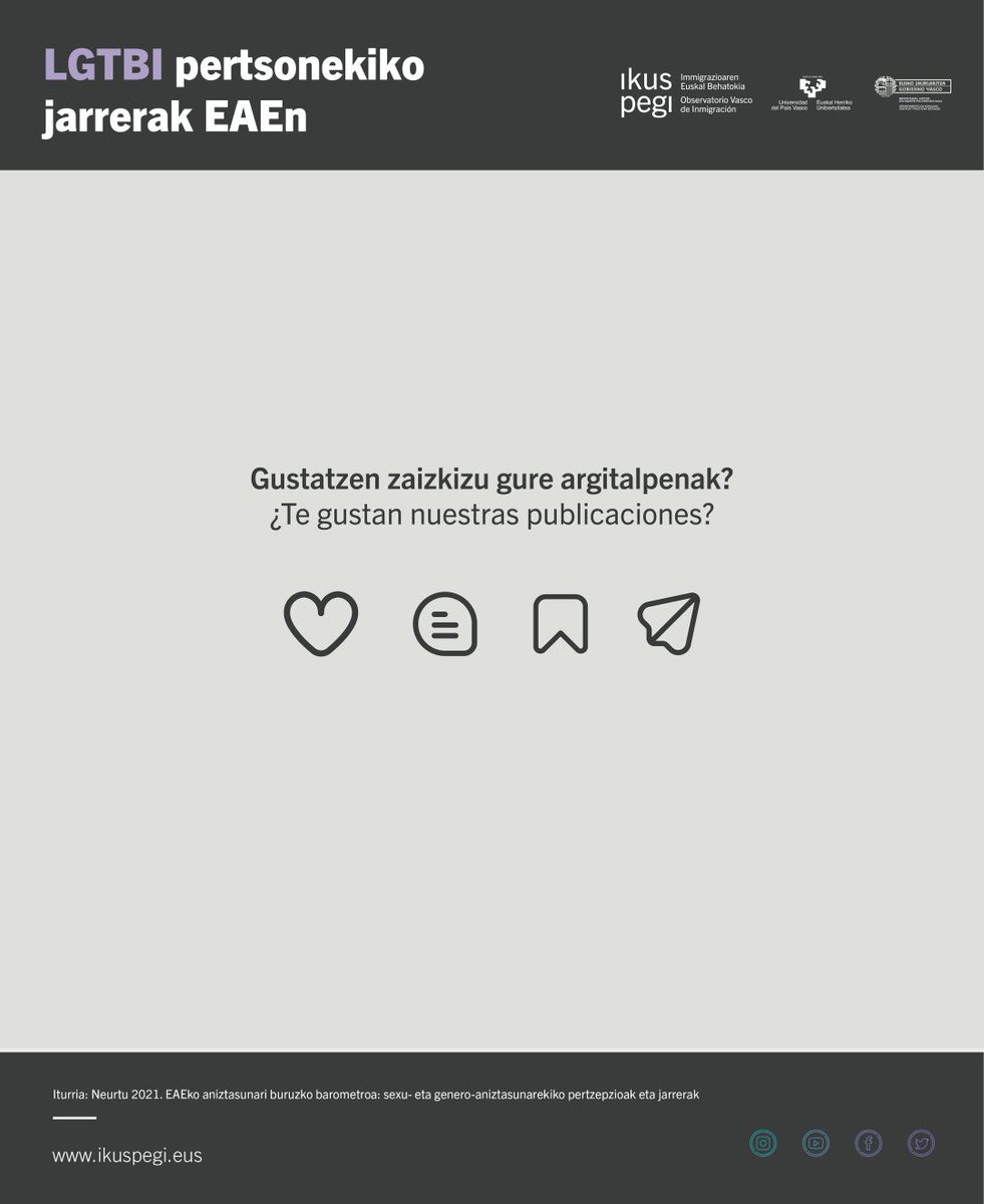 ikuspegi_eus's tweet photo. ✳️ Infografia berria! 📊 LGTBI pertsonekiko jarrerak EAEn. 
📃 Iturria: Neurtu 2021. EAEko aniztasunari buruzko barometroa: sexu- eta genero-aniztasunarekiko pertzepzioak eta jarrerak
🔗  https://t.co/KjzUDZ78nB

#neurtu #ikuspegi https://t.co/zhJTPXUflj