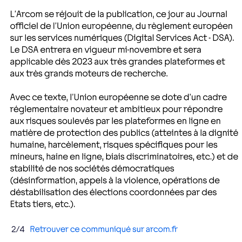 Arcom_fr's tweet photo. 🇪🇺 Entrée en vigueur du #DigitalServicesAct : une avancée majeure vers un internet plus sûr en Europe 🔽