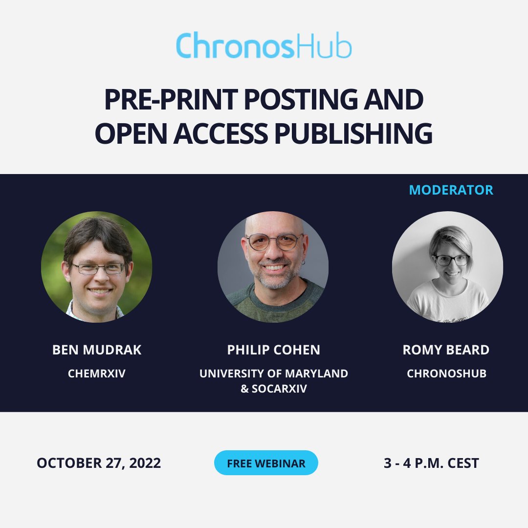 Today’s webinar regarding pre-print posting is just a few hours away. Join us live with <a href="/BenMudrak/">Ben Mudrak</a>, <a href="/familyunequal/">Philip N Cohen</a> and <a href="/romybeard/">Romy Beard</a> if you're interested in pre-print posting and have any questions or sign up for the recording here, if you can’t make it: chronoshub.io/events/pre-pri…