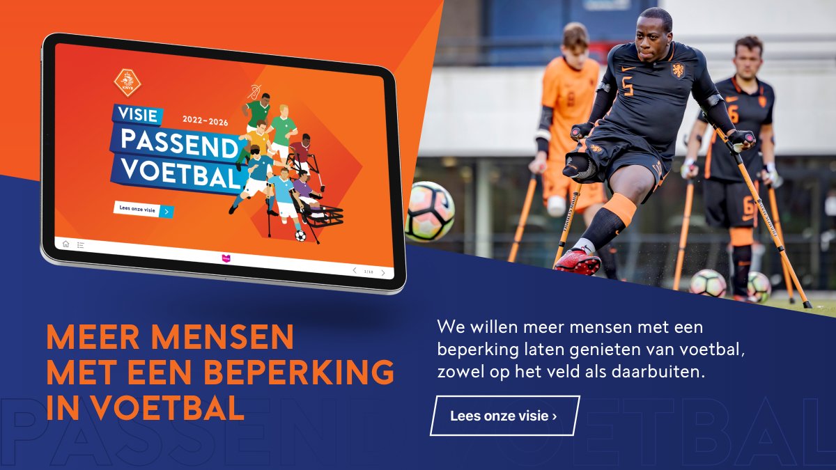 👨🏼‍🦽 De KNVB wil op meer plekken voetbal voor mensen met een beperking. Verder willen we toegankelijkheid &amp; inclusie van verenigingen vergroten. 

 📖 Dit zijn twee van de drie pijlers in onze visie op Passend Voetbal voor de periode 2022-2026: knvb.ly/PV2710.