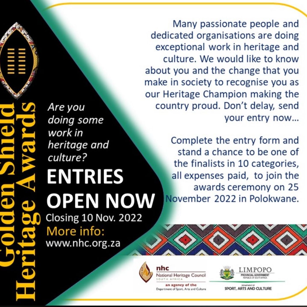 📣A L E R T!

Please enter and represent us well.

For more information, go to nhc.org.za

Good luck everyone!

#heritageawards #go2tzaneen #golimpopo #goldenshield