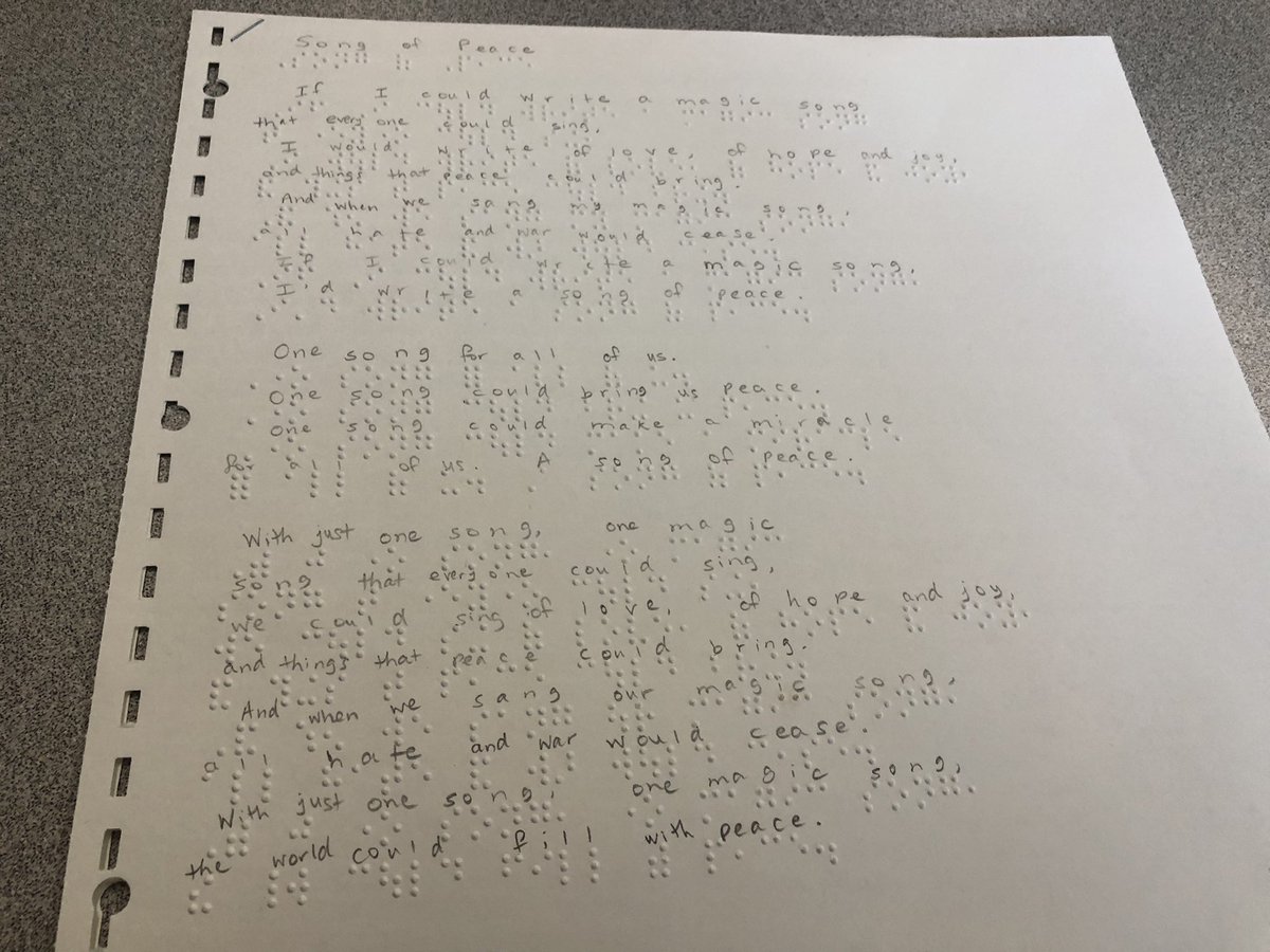 This is a song students are learning in choir~transcribed into Braille for one of our students! #Thisismewhoareyou?#@DesmondHDSB#lifelonglearners