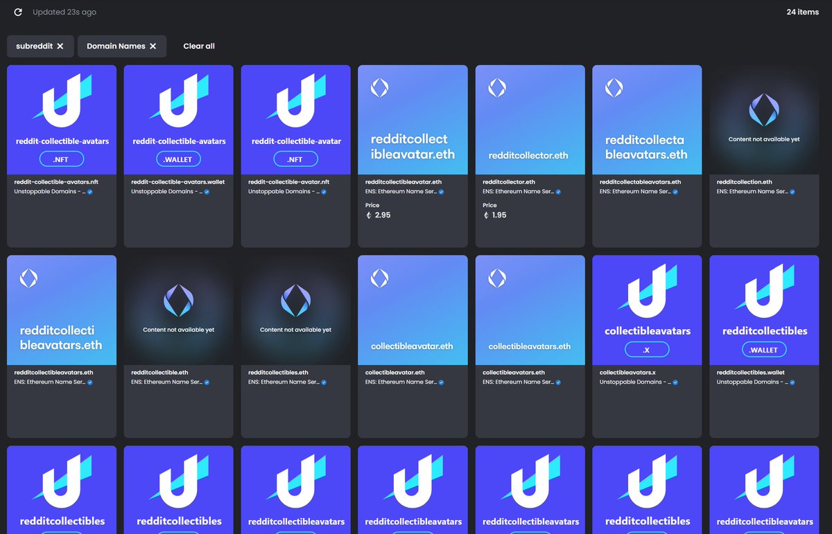 nomdeplume_nft's tweet photo. But even if I search directly for "subreddit.nft" or "subreddit.blockchain", the so named items won't display in the results even if I select the "domains" category ... https://t.co/IwYlAr8oJU