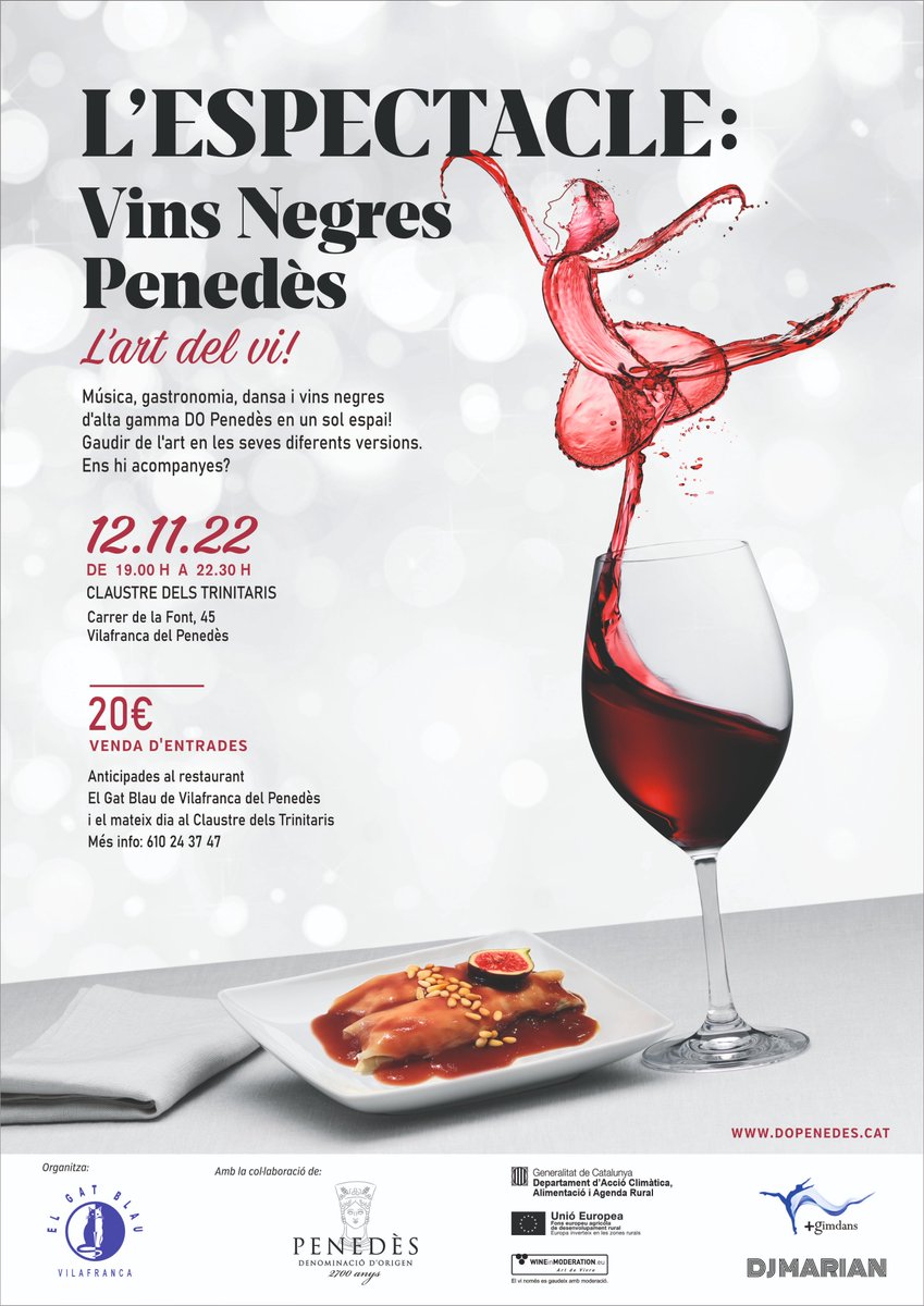 El 12 de novembre, torna la nit dedicada als vins negres Penedès!

Hi trobareu 20 vins d'11 cellers Penedès, la música de la <a href="/DjMarianBCN/">Dj Marian</a> , la dansa de +GimDans i la gastronomia d'El Gat Blau de Vilafranca del Penedès.

Entrades ja a la venda!
