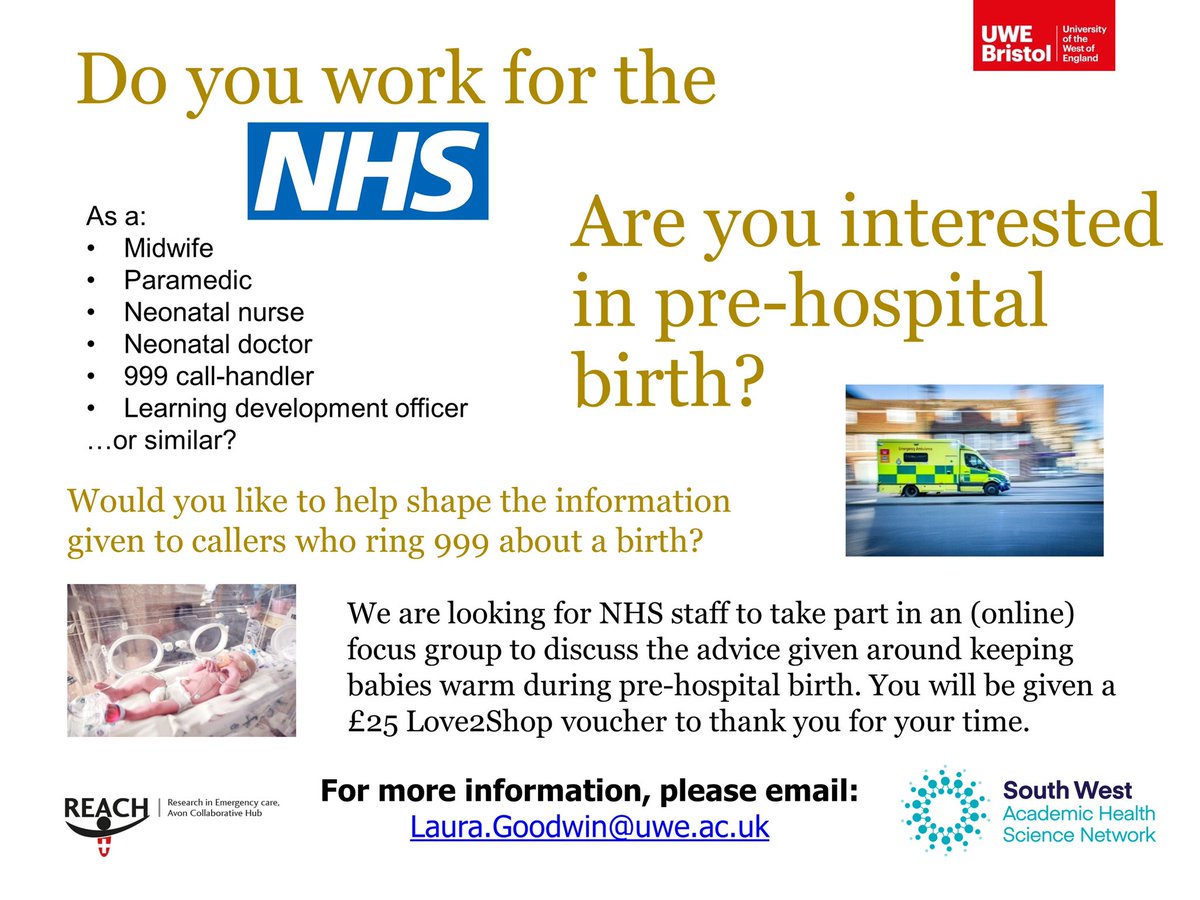 Are you an NHS midwife, paramedic, neonatal nurse/doctor, call-handler, LDO, or similar? Would you like to help shape the advice given to people during 999 calls about pre-hospital birth? We’re holding online groups with other staff, up to 1hr. £25 e-voucher in return. Info 👇