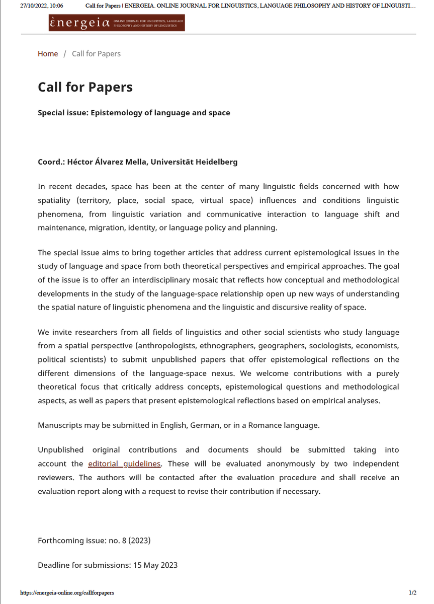 UZH_LiZZ's tweet photo. We welcome the 7⃣th issue of the one of the Open Access pioneers the online journal for Linguistics, Language Philosophy and History of Linguistics
@EnergeiaJ
📢CfP for the🆕special issue: Epistemology of language and space
Deadline 15.05.2023
🔗https://t.co/eCuSQKWWgK https://t.co/pIdA0ZF5Iy
