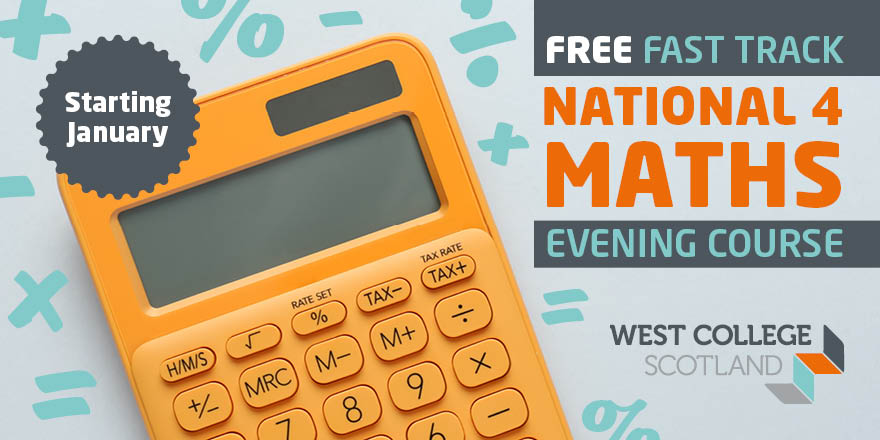 Our FREE evening National 4 Maths course is open now for application! 18 week fast track course starting this Jan gives you a basic intro to Maths and successful completion will guarantee entry onto National 5 Mathematics course in August 2023! APPLY NOW: ow.ly/C24k50LmoOj