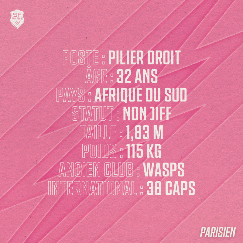 SFParisRugby's tweet photo. 🆕🃏 Le pilier droit 🇿🇦, champion du monde en 2019, nous rejoint en tant que joker médical de Paul Alo-Emile. 

Welcome @vincentkoch1 ! 🌸